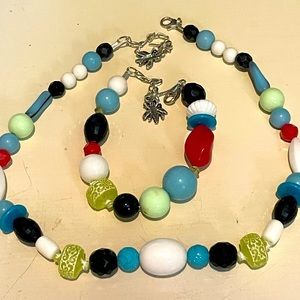 Retro necklace and bracelet - turquoise red black white and little light green.